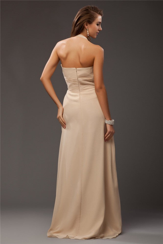 Charming Halter Sleeveless Ruffles Long Chiffon Bridesmaid Dresses