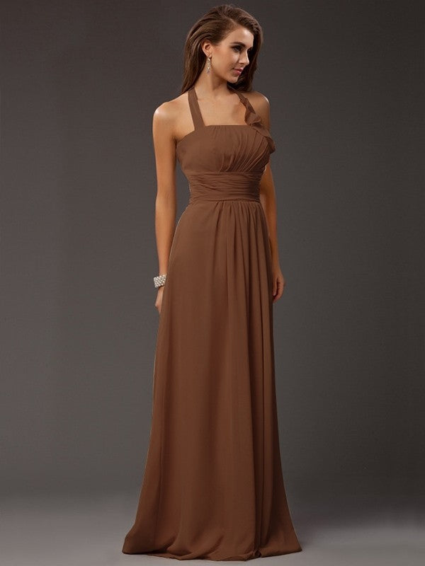 Charming Halter Sleeveless Ruffles Long Chiffon Bridesmaid Dresses