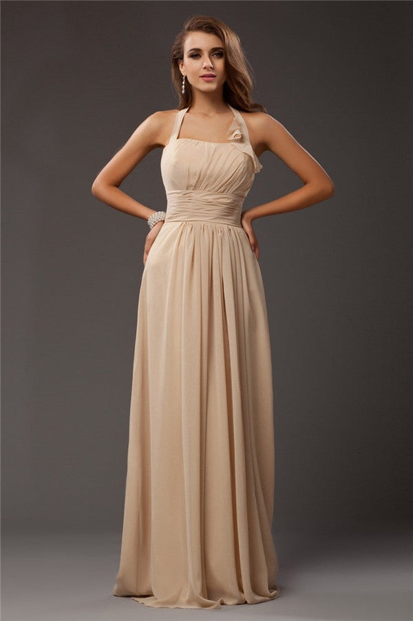 Charming Halter Sleeveless Ruffles Long Chiffon Bridesmaid Dresses