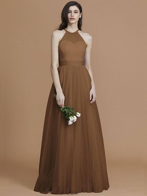 A-Line Charming Halter Sleeveless Ruffles Tulle Bridesmaid Dresses