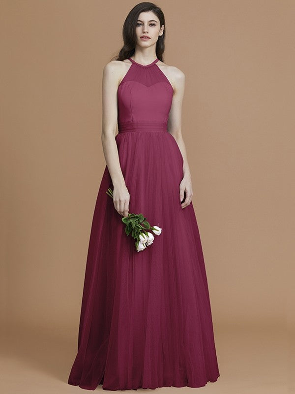 A-Line Charming Halter Sleeveless Ruffles Tulle Bridesmaid Dresses