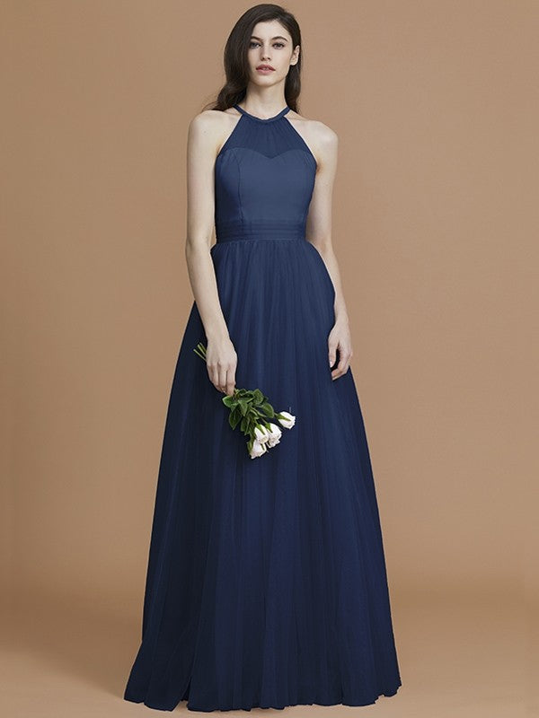 A-Line Charming Halter Sleeveless Ruffles Tulle Bridesmaid Dresses