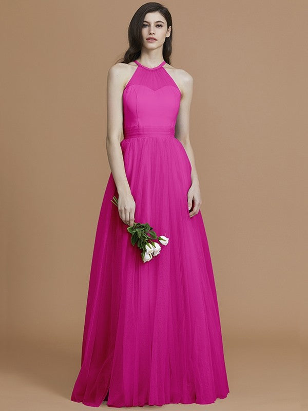 A-Line Charming Halter Sleeveless Ruffles Tulle Bridesmaid Dresses