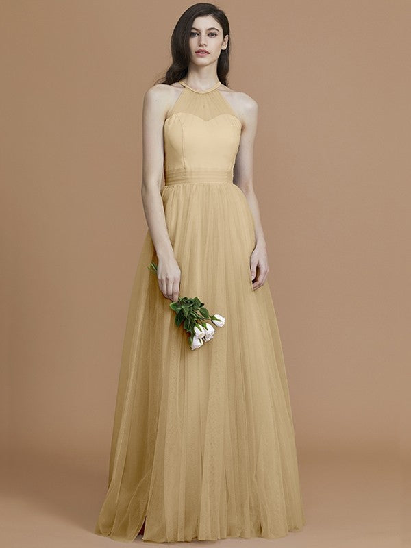 A-Line Charming Halter Sleeveless Ruffles Tulle Bridesmaid Dresses