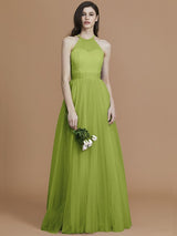 A-Line Charming Halter Sleeveless Ruffles Tulle Bridesmaid Dresses