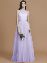 A-Line Charming Halter Sleeveless Ruffles Tulle Bridesmaid Dresses