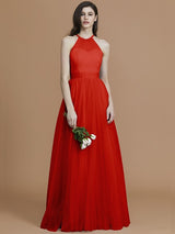 A-Line Charming Halter Sleeveless Ruffles Tulle Bridesmaid Dresses