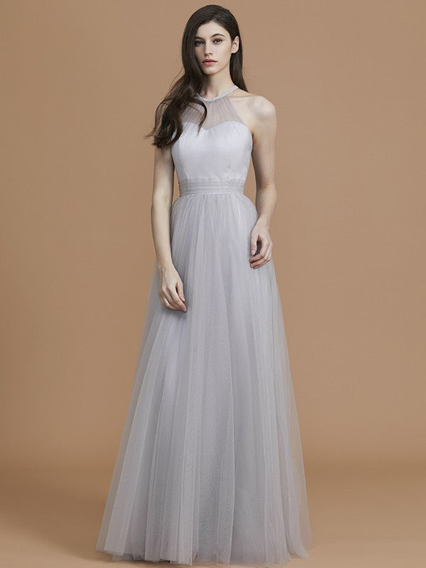 A-Line Charming Halter Sleeveless Ruffles Tulle Bridesmaid Dresses