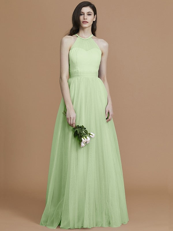 A-Line Charming Halter Sleeveless Ruffles Tulle Bridesmaid Dresses