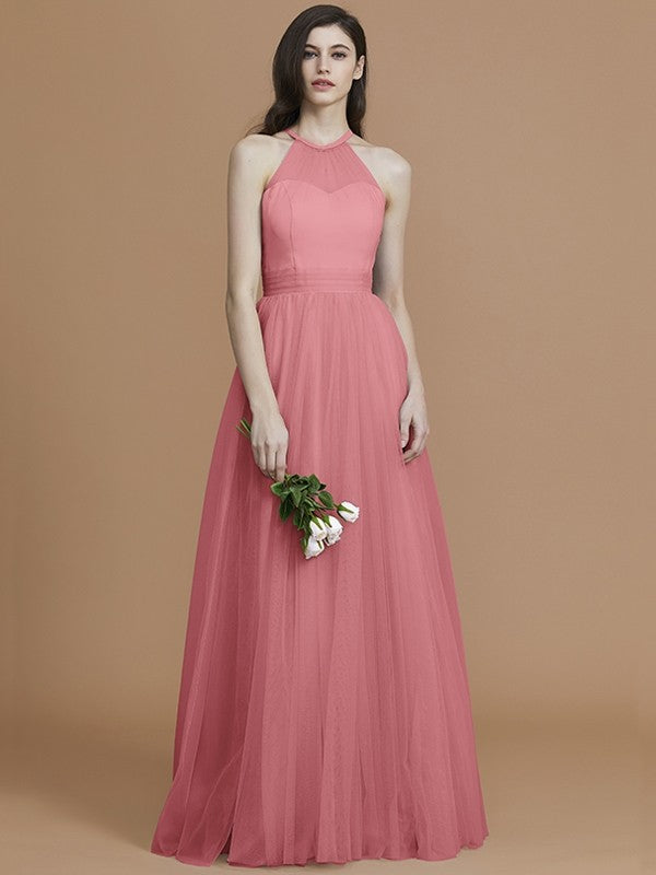 A-Line Charming Halter Sleeveless Ruffles Tulle Bridesmaid Dresses