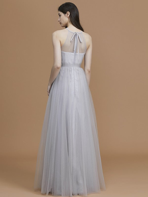 A-Line Charming Halter Sleeveless Ruffles Tulle Bridesmaid Dresses