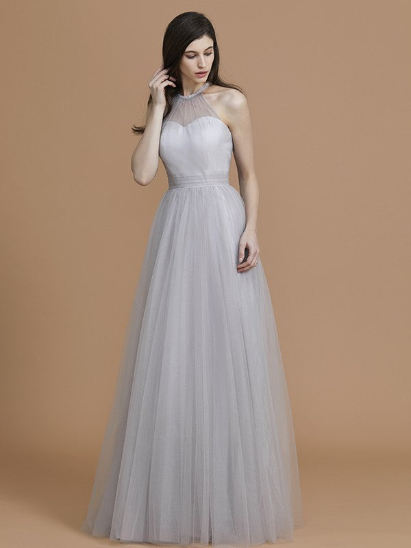 A-Line Charming Halter Sleeveless Ruffles Tulle Bridesmaid Dresses