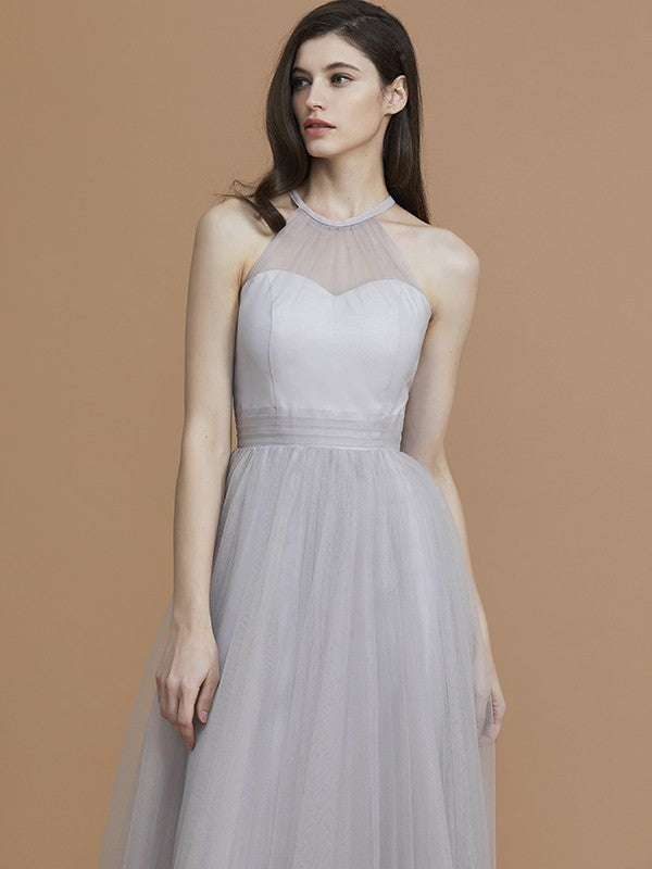 A-Line Charming Halter Sleeveless Ruffles Tulle Bridesmaid Dresses