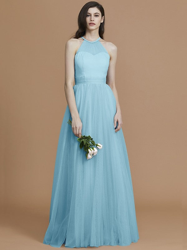 A-Line Charming Halter Sleeveless Ruffles Tulle Bridesmaid Dresses