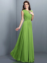 A-Line Charming High Neck Pleats Sleeveless Long Chiffon Bridesmaid Dresses