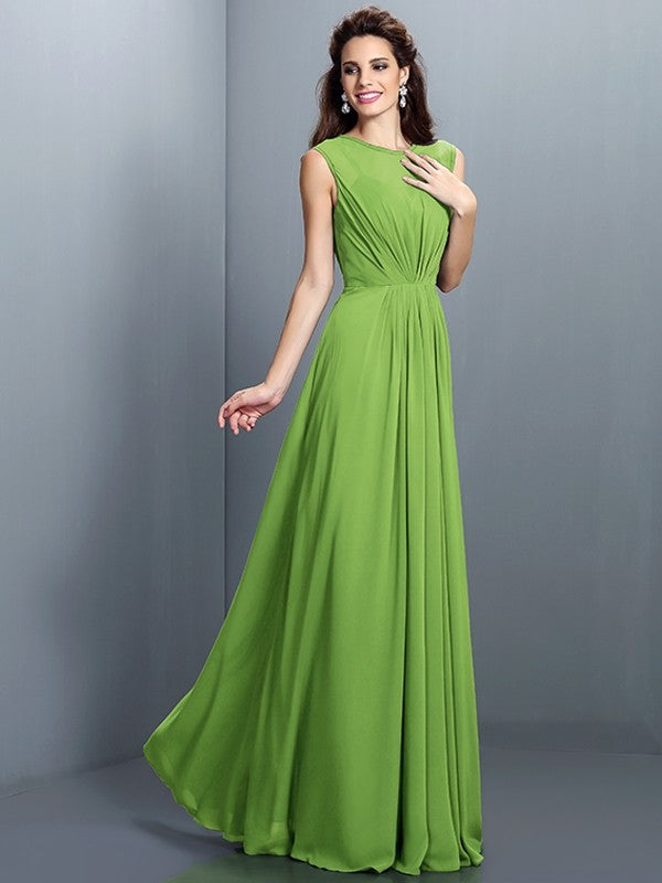 A-Line Charming High Neck Pleats Sleeveless Long Chiffon Bridesmaid Dresses