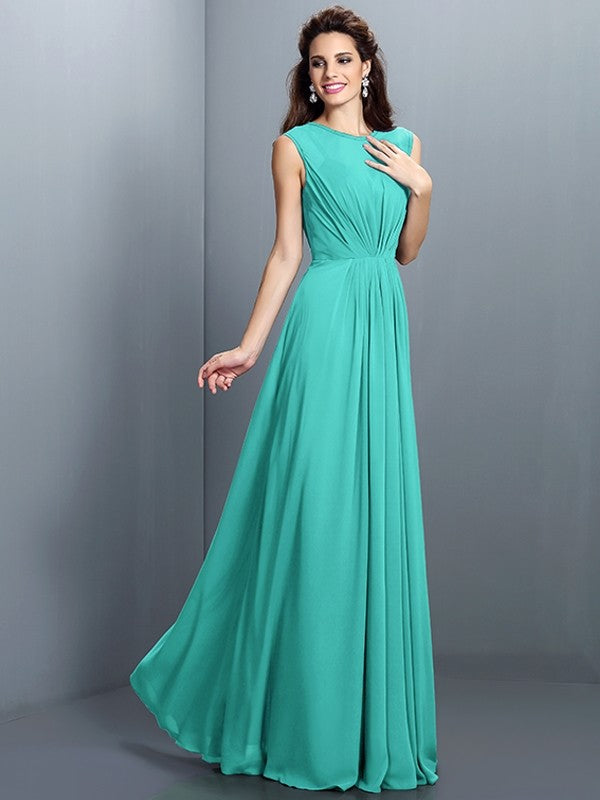 A-Line Charming High Neck Pleats Sleeveless Long Chiffon Bridesmaid Dresses