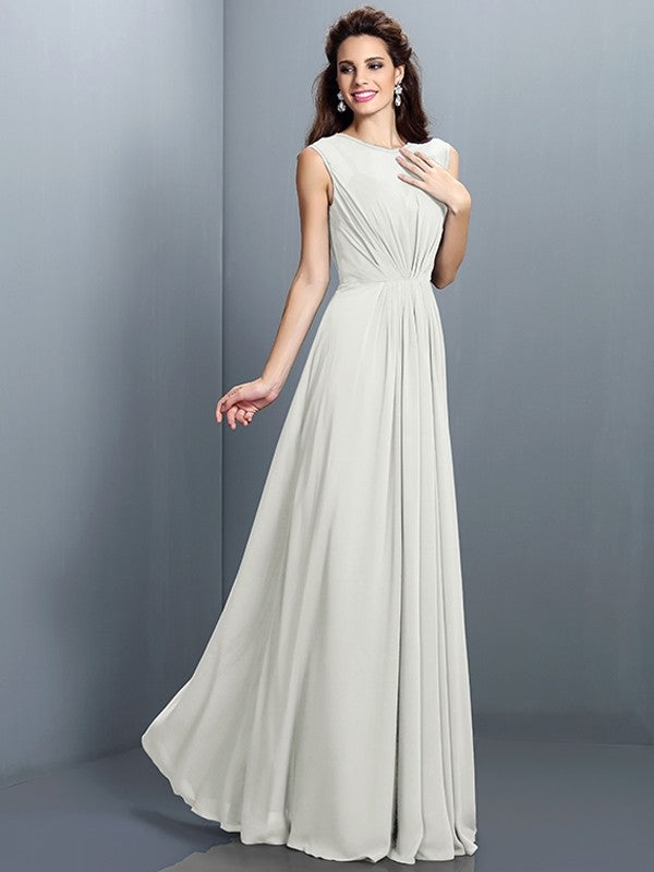 A-Line Charming High Neck Pleats Sleeveless Long Chiffon Bridesmaid Dresses