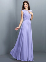 A-Line Charming High Neck Pleats Sleeveless Long Chiffon Bridesmaid Dresses