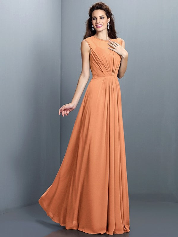 A-Line Charming High Neck Pleats Sleeveless Long Chiffon Bridesmaid Dresses