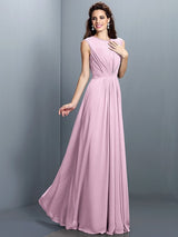 A-Line Charming High Neck Pleats Sleeveless Long Chiffon Bridesmaid Dresses