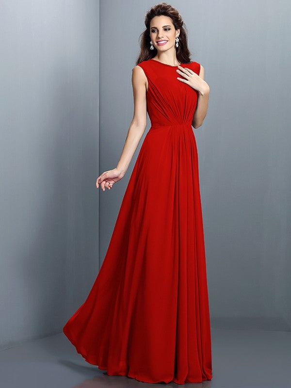 A-Line Charming High Neck Pleats Sleeveless Long Chiffon Bridesmaid Dresses