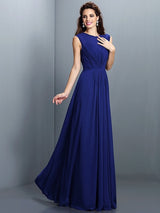 A-Line Charming High Neck Pleats Sleeveless Long Chiffon Bridesmaid Dresses