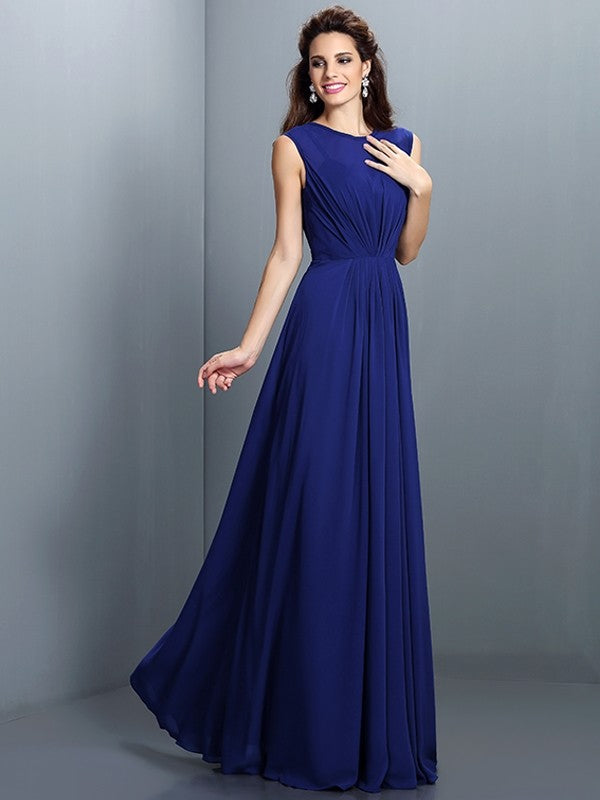 A-Line Charming High Neck Pleats Sleeveless Long Chiffon Bridesmaid Dresses