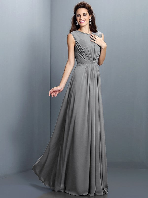 A-Line Charming High Neck Pleats Sleeveless Long Chiffon Bridesmaid Dresses