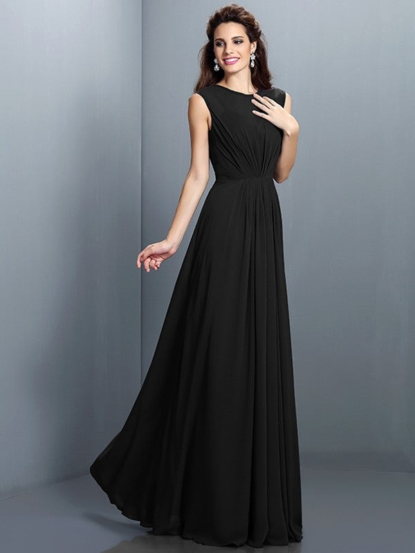 A-Line Charming High Neck Pleats Sleeveless Long Chiffon Bridesmaid Dresses