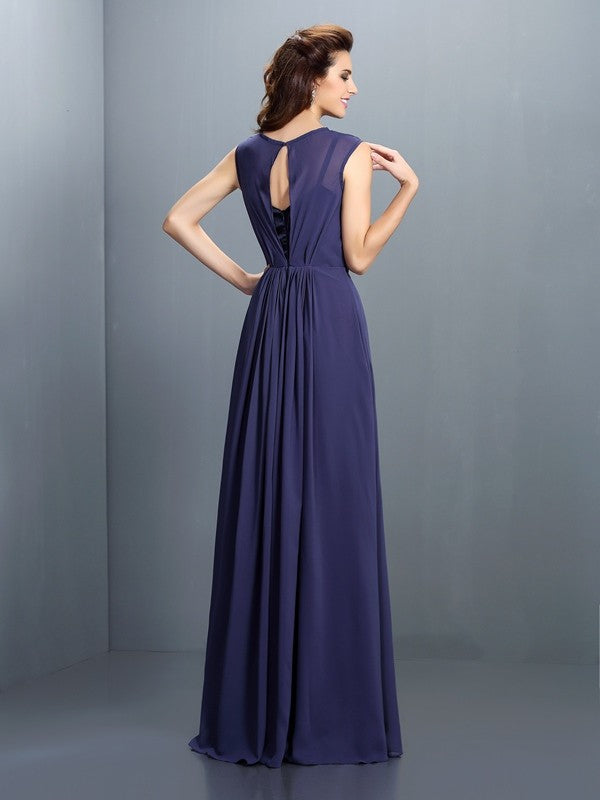 A-Line Charming High Neck Pleats Sleeveless Long Chiffon Bridesmaid Dresses