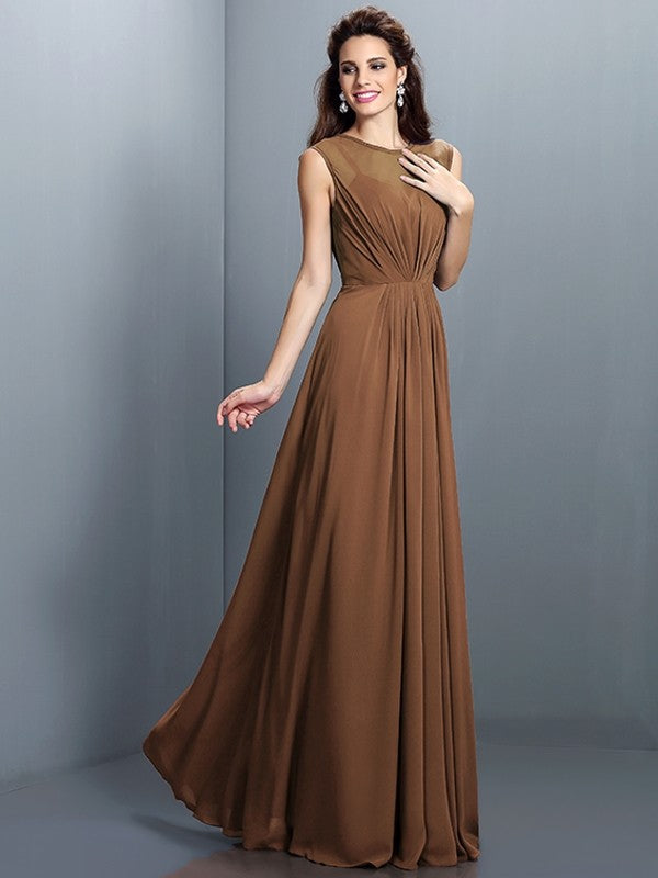 A-Line Charming High Neck Pleats Sleeveless Long Chiffon Bridesmaid Dresses