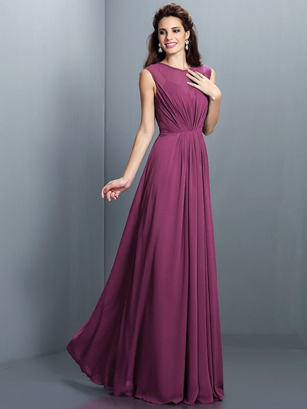 A-Line Charming High Neck Pleats Sleeveless Long Chiffon Bridesmaid Dresses