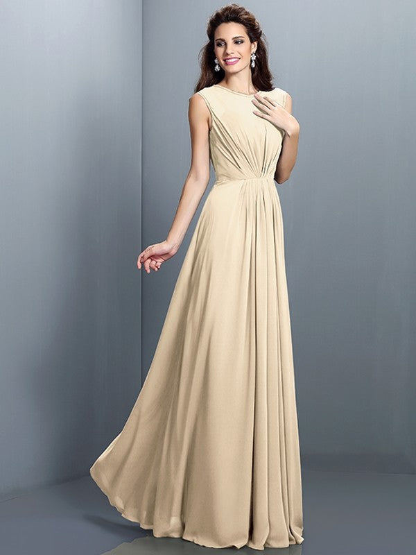 A-Line Charming High Neck Pleats Sleeveless Long Chiffon Bridesmaid Dresses