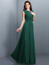 A-Line Charming High Neck Pleats Sleeveless Long Chiffon Bridesmaid Dresses