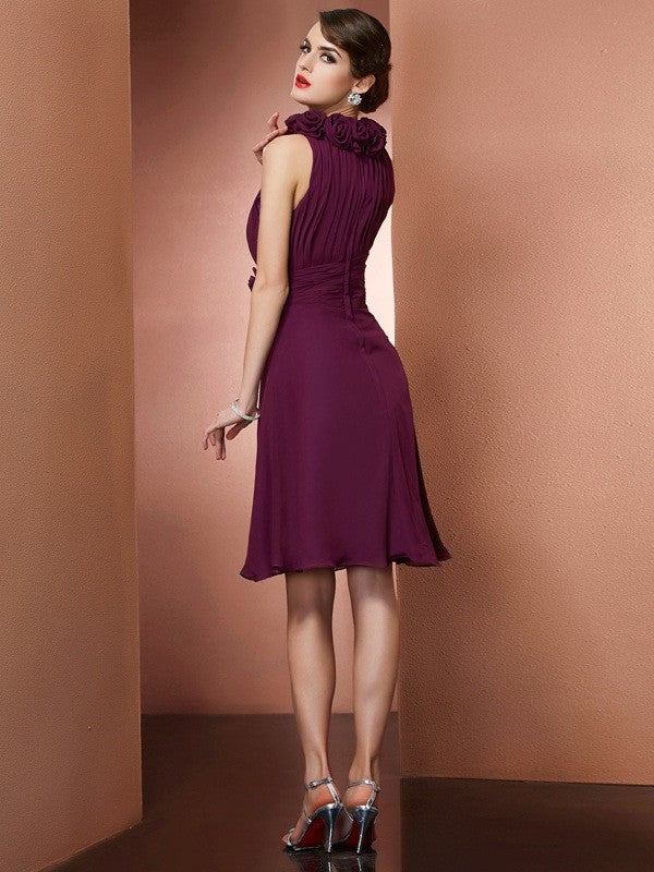 A-Line Charming High Neck Sleeveless Hand-Made Flower Short Chiffon Bridesmaid Dresses