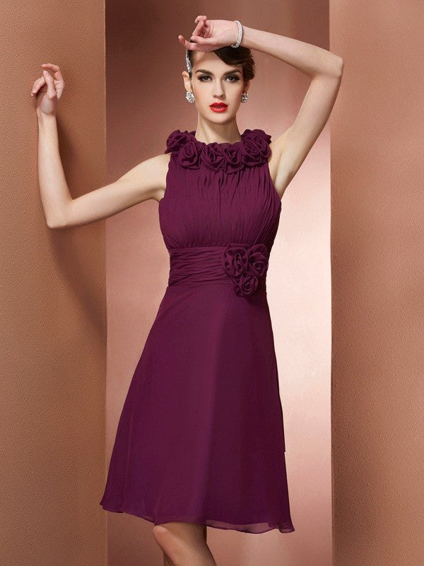 Charming High Neck Sleeveless Hand-Made Flower Short Chiffon Bridesmaid Dresses