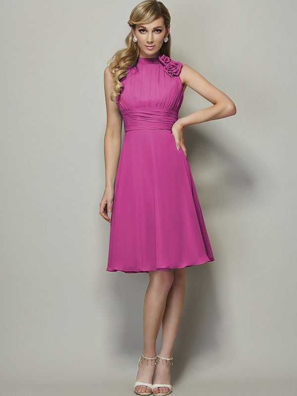 A-Line Charming High Neck Sleeveless Pleats Short Chiffon Bridesmaid Dresses