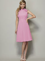 A-Line Charming High Neck Sleeveless Pleats Short Chiffon Bridesmaid Dresses