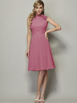 A-Line Charming High Neck Sleeveless Pleats Short Chiffon Bridesmaid Dresses