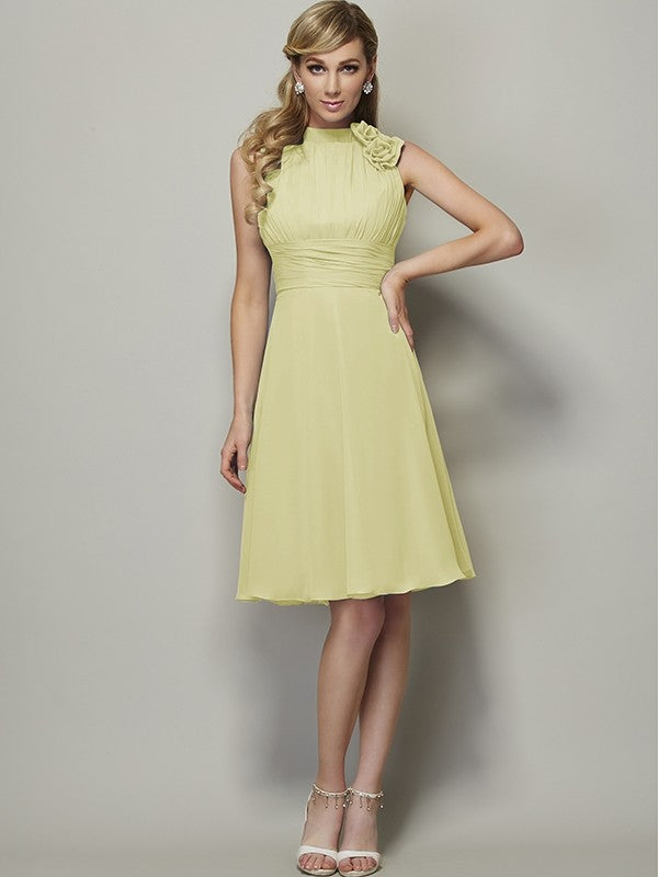 A-Line Charming High Neck Sleeveless Pleats Short Chiffon Bridesmaid Dresses