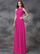 A-Line Charming Jewel Ruched Sleeveless Long Chiffon Bridesmaid Dresses