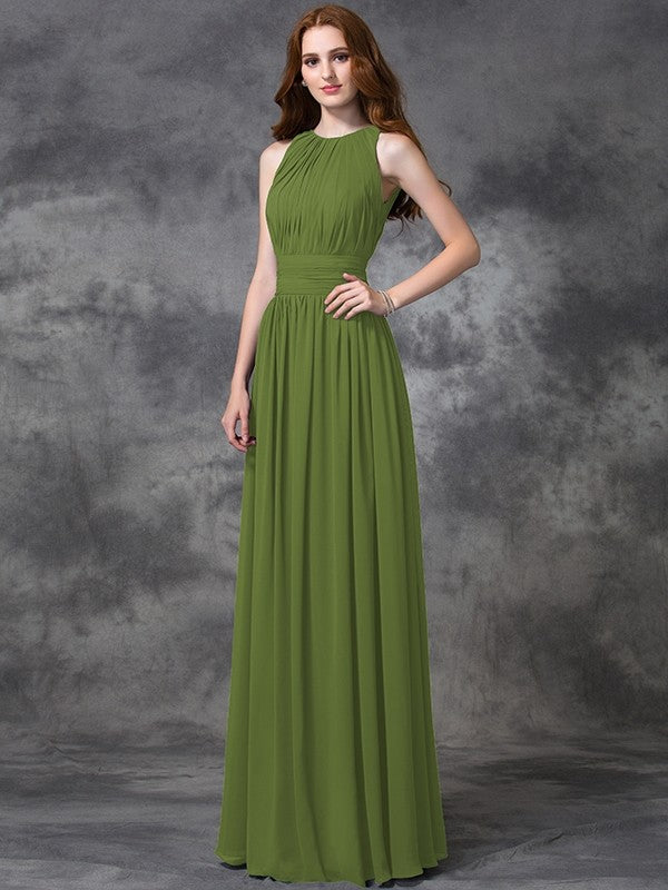 A-Line Charming Jewel Ruched Sleeveless Long Chiffon Bridesmaid Dresses