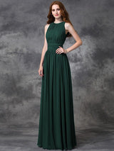 A-Line Charming Jewel Ruched Sleeveless Long Chiffon Bridesmaid Dresses