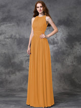 A-Line Charming Jewel Ruched Sleeveless Long Chiffon Bridesmaid Dresses