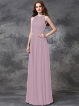 A-Line Charming Jewel Ruched Sleeveless Long Chiffon Bridesmaid Dresses