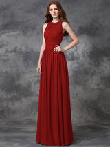 A-Line Charming Jewel Ruched Sleeveless Long Chiffon Bridesmaid Dresses