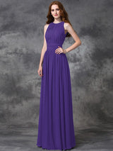 A-Line Charming Jewel Ruched Sleeveless Long Chiffon Bridesmaid Dresses