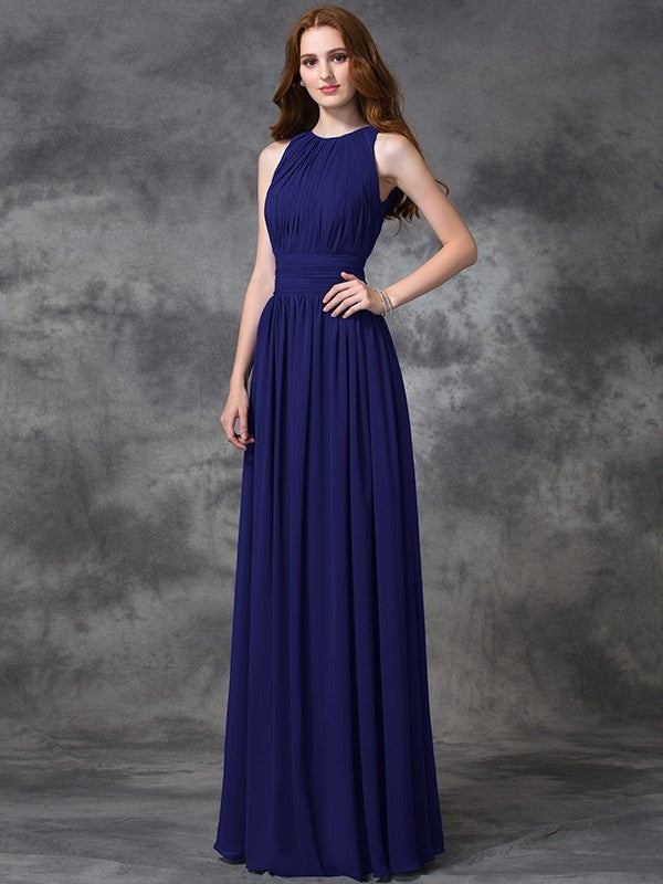 A-Line Charming Jewel Ruched Sleeveless Long Chiffon Bridesmaid Dresses