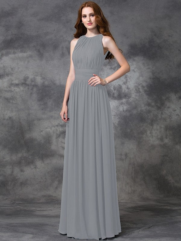 A-Line Charming Jewel Ruched Sleeveless Long Chiffon Bridesmaid Dresses